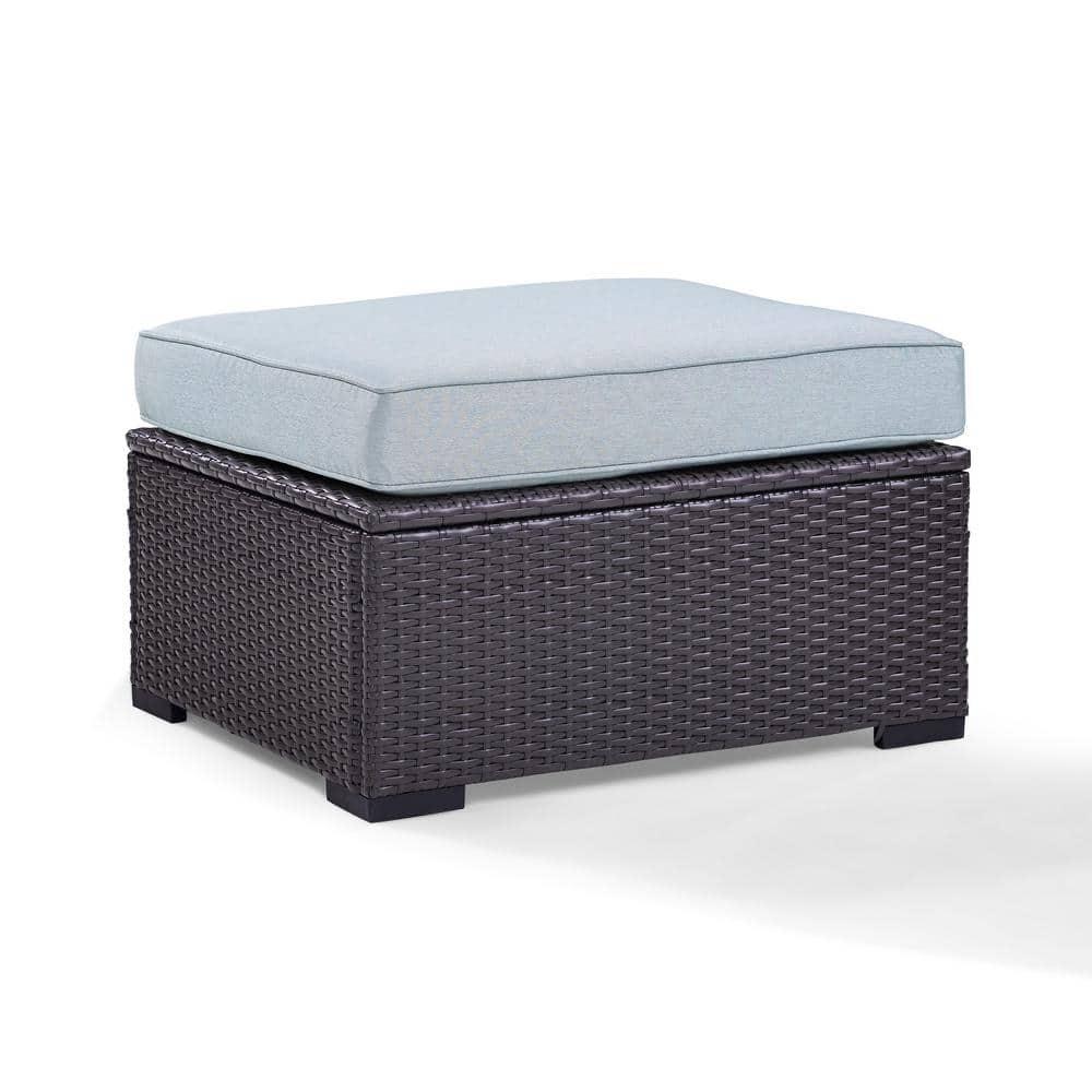 Biscayne Ottoman with Mist Cushions - Brown/Mist - Crosley: Wicker Patio Footrest, UV-Resistant, Polyurethane Foam Fill