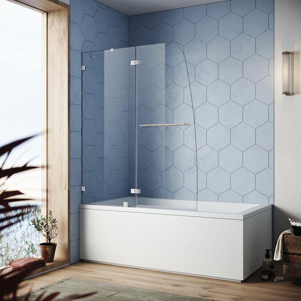 Elegant  Frameless Swing Hinged Shower Tub Door Polished Chrome Clear 48"W x 58"H Chrome Finish