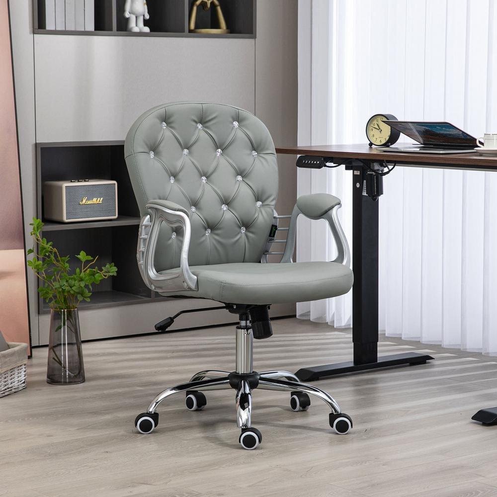 Vinsetto Vanity PU Leather Mid Back Office Chair Swivel Tufted Backrest Task Chair with Padded Armrests, Adjustable Height, Rolling Wheels, Gray