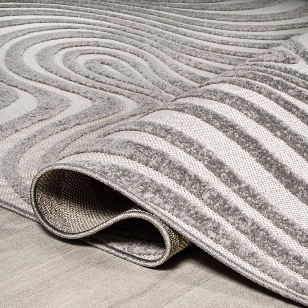JONATHAN Y Maribo High-Low Abstract Groovy Striped Gray/Ivory 5 ft. x 8 ft. Indoor/Outdoor Area Rug