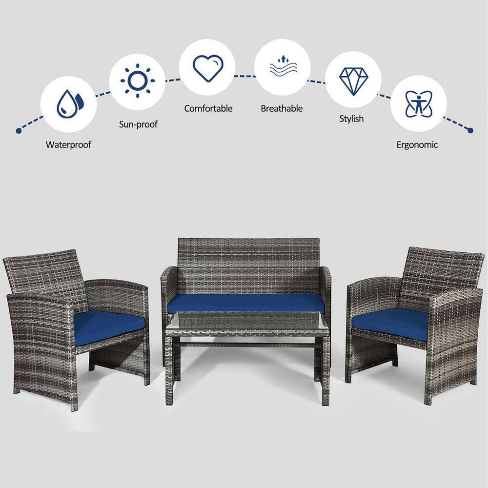 Resenkos 4 Pieces Outdoor Rattan Furniture Set, Wicker Furniture Sets, Patio Conversation Sets with Coffee Table Cushioned Sofa-Red