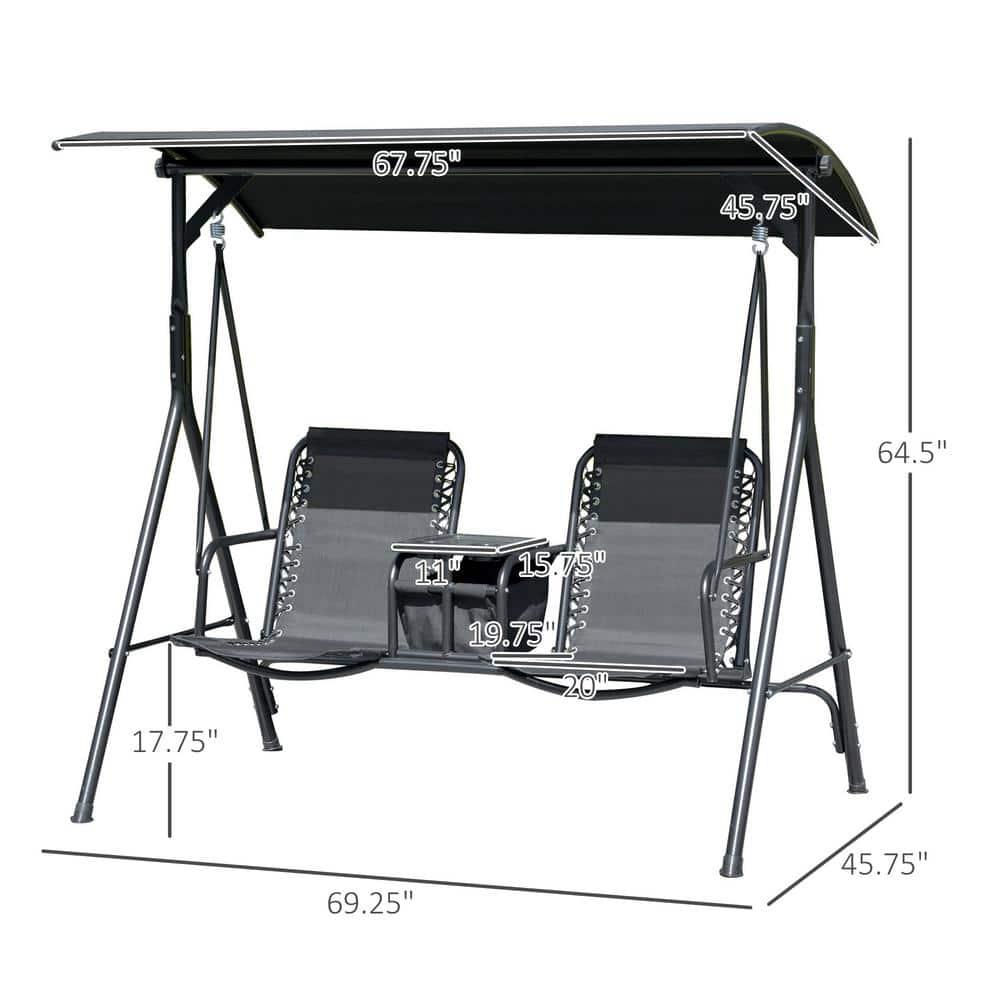 Outsunny 2 Person Porch Swing with Canopy, Covered Patio Swing with Pivot Storage Table, Cup Holder, & Adjustable Overhead Canopy, Black