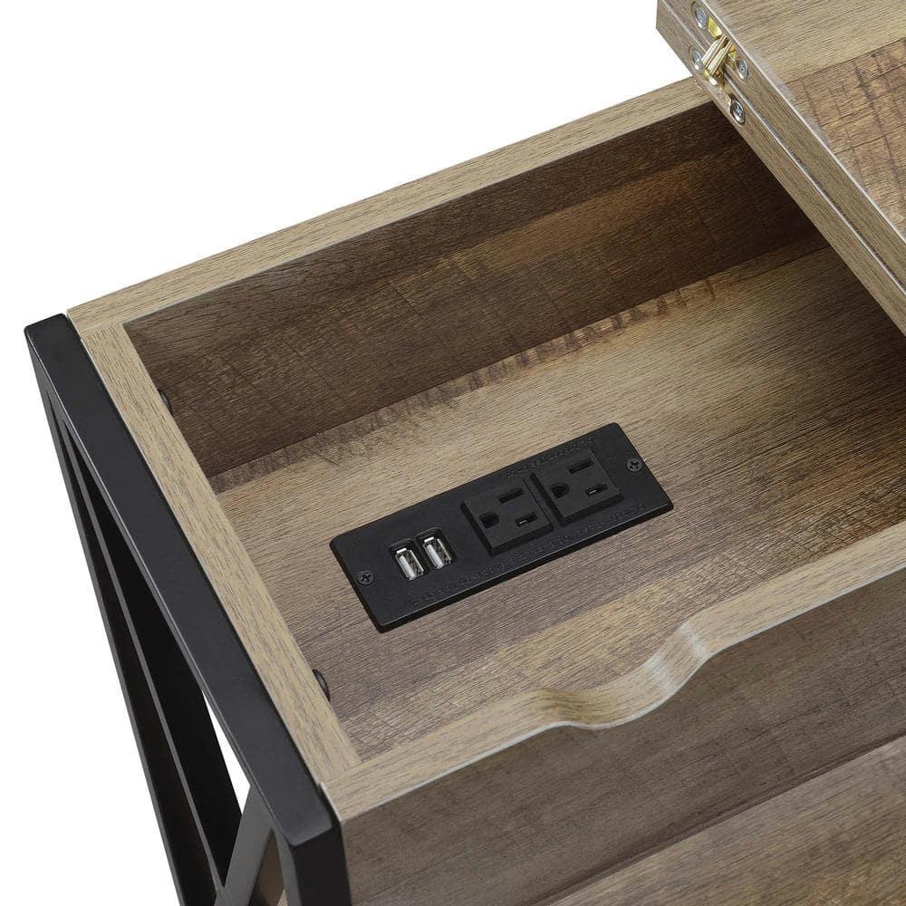 Convenience Concepts Tucson Flip Top End Table with Charging Station and Shelf, Weathered Barnwood/Black