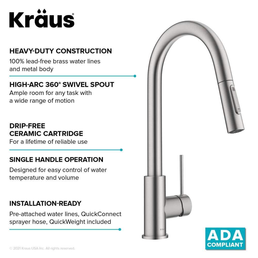 KRAUS Oletto Contemporary Pull-Down Single Handle Kitchen Faucet in Spot Free Stainless Steel, KPF-3104SFS