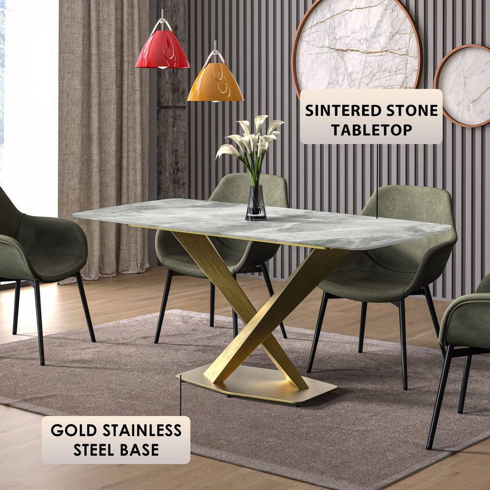 LeisureMod Voren Modern Dining Table with 71" Rectangular Sintered Stone or Glass Wide Tabletop and Steel Legs for Home, Kitchen, Dining or Conference Room in Light Grey
