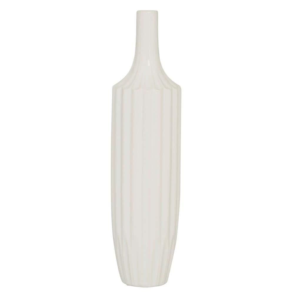 DecMode Modern Ceramic Tall White Decorative Vase with Vertical Groove Pattern 5"W x 19"H