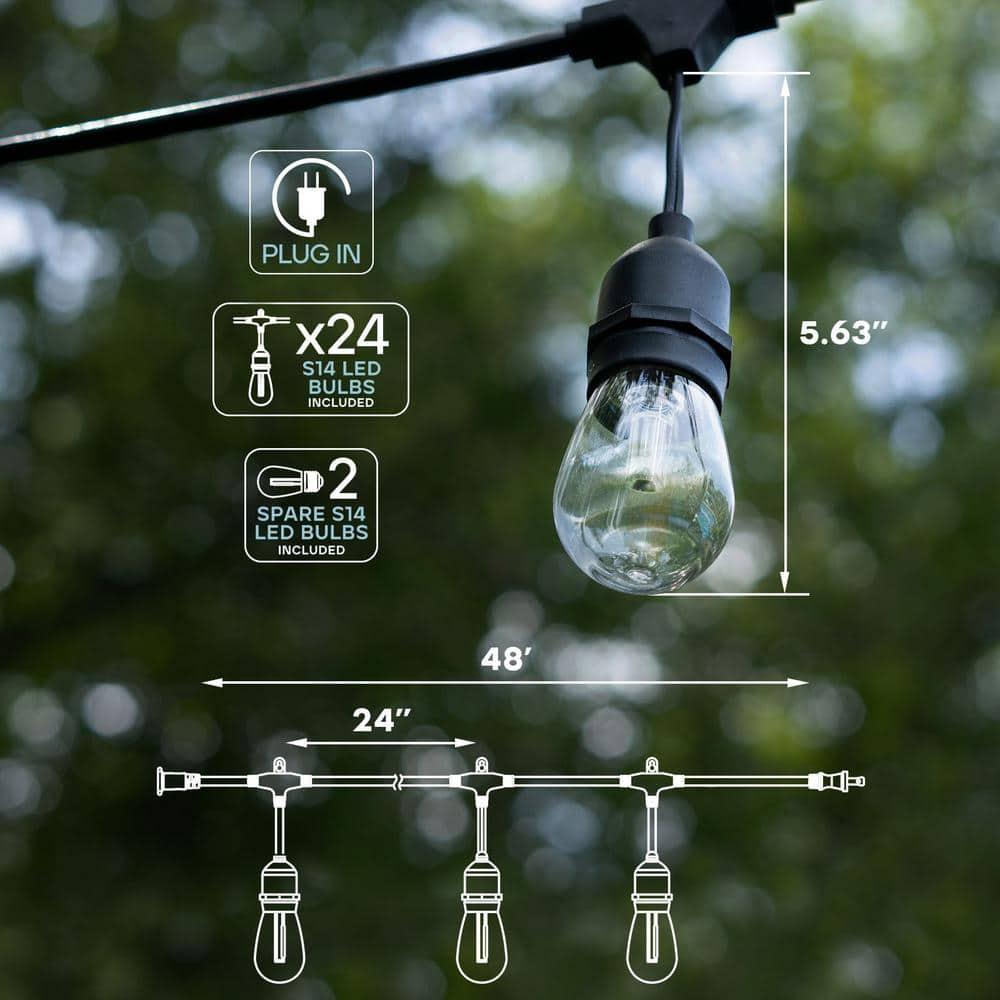 Luxrite 48FT LED RGBW Outdoor String Lights, Remote Control Color Changing Cafe Lights, Commercial Grade Waterproof, 24 Edison S14 Shatterproof Bulbs, IP65, Dimmable Outside Hanging Lights for Patio