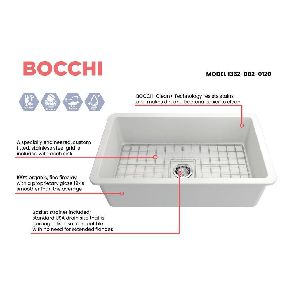 BOCCHI Sotto Undermount Fireclay 32 in. Single Bowl Kitchen Sink with Protective Bottom Grid and Strainer in Matte White