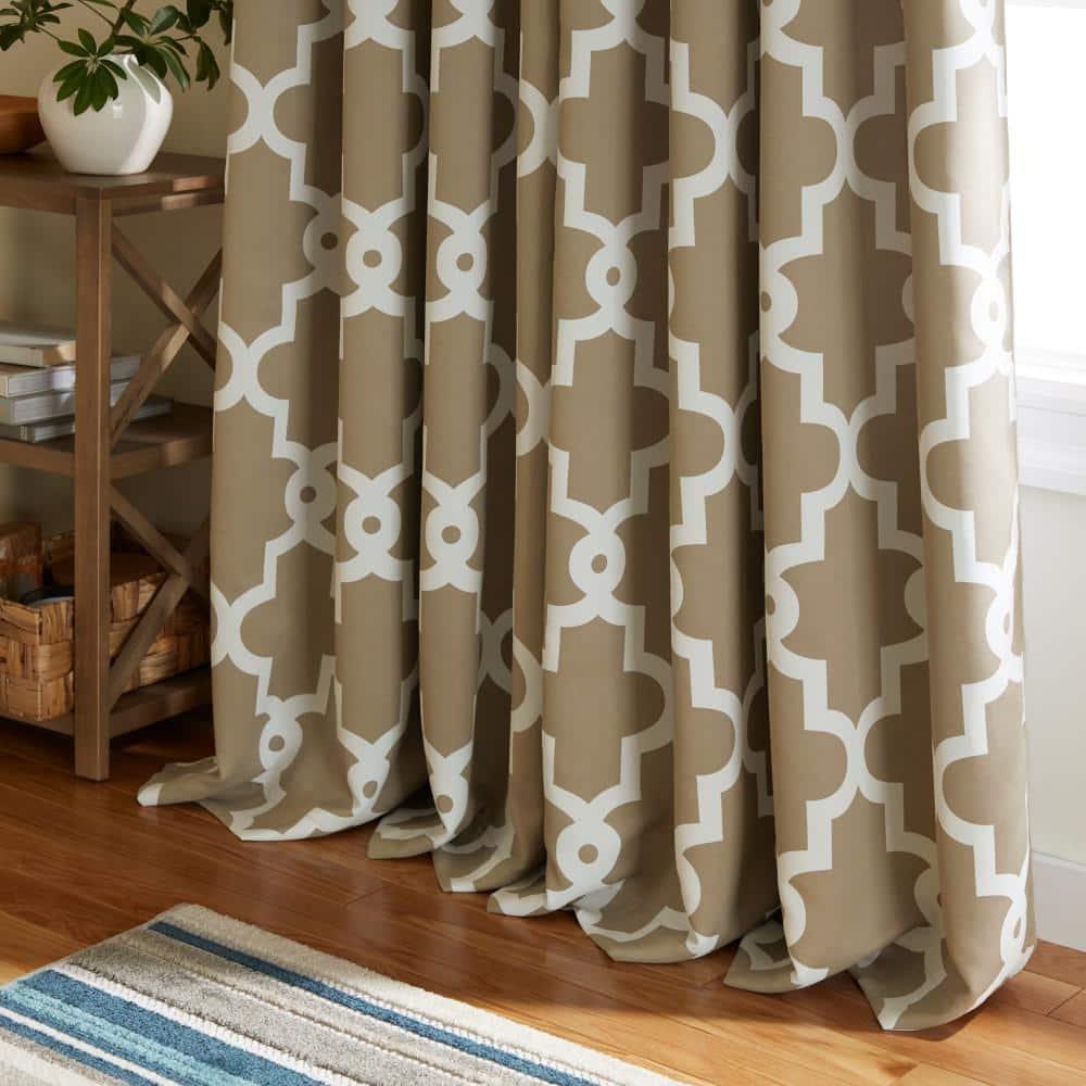 TOWN & COUNTRY EVERYDAY Ironwork Geo Trellis Sateen Indoor Curtains, Room Darkening Blackout, Grommet Top, Energy Efficient, 2-Pack Set, 52"x108", Taupe