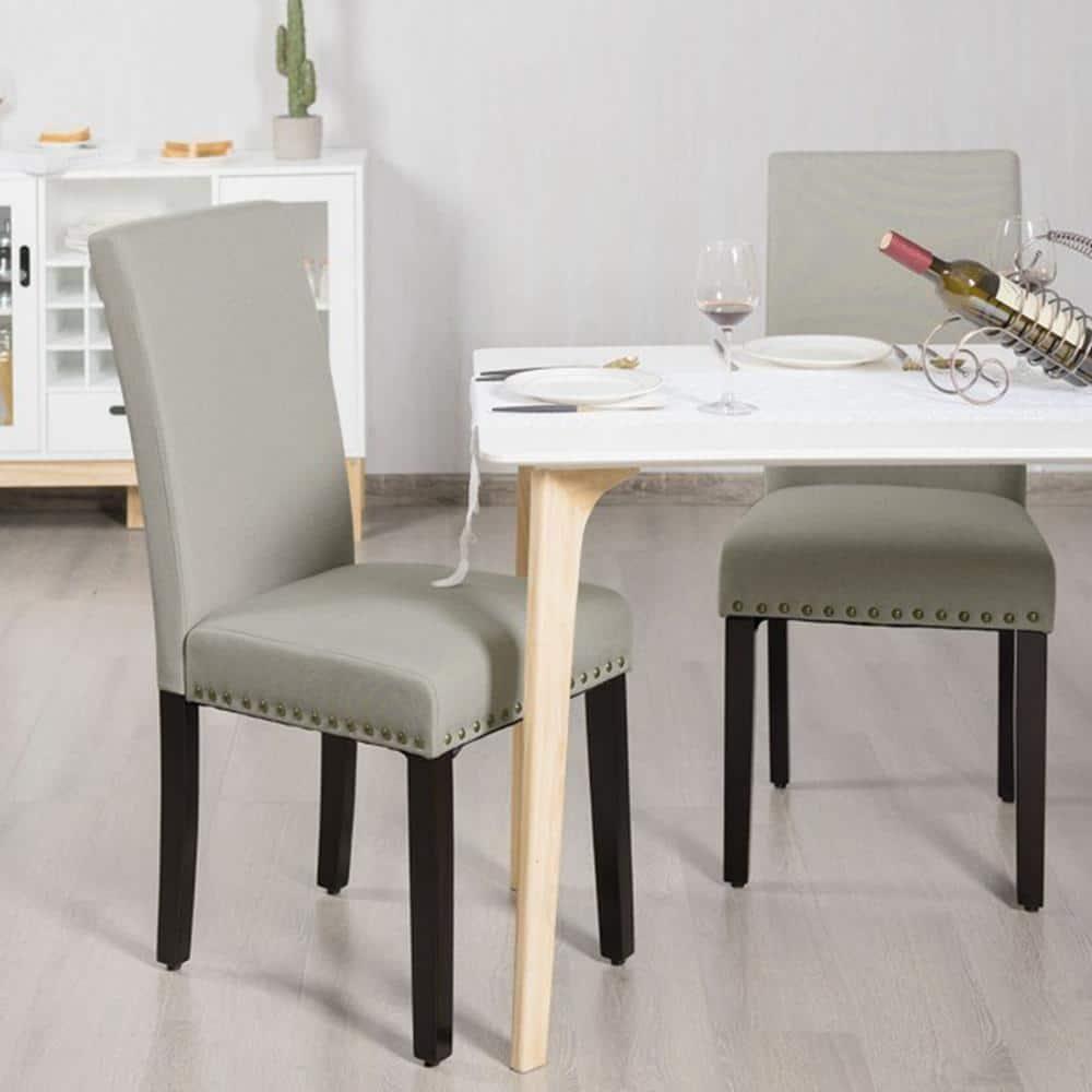 Costway Set of 2 Fabric Dining Chairs Upholstered with Nailhead Trim Beige