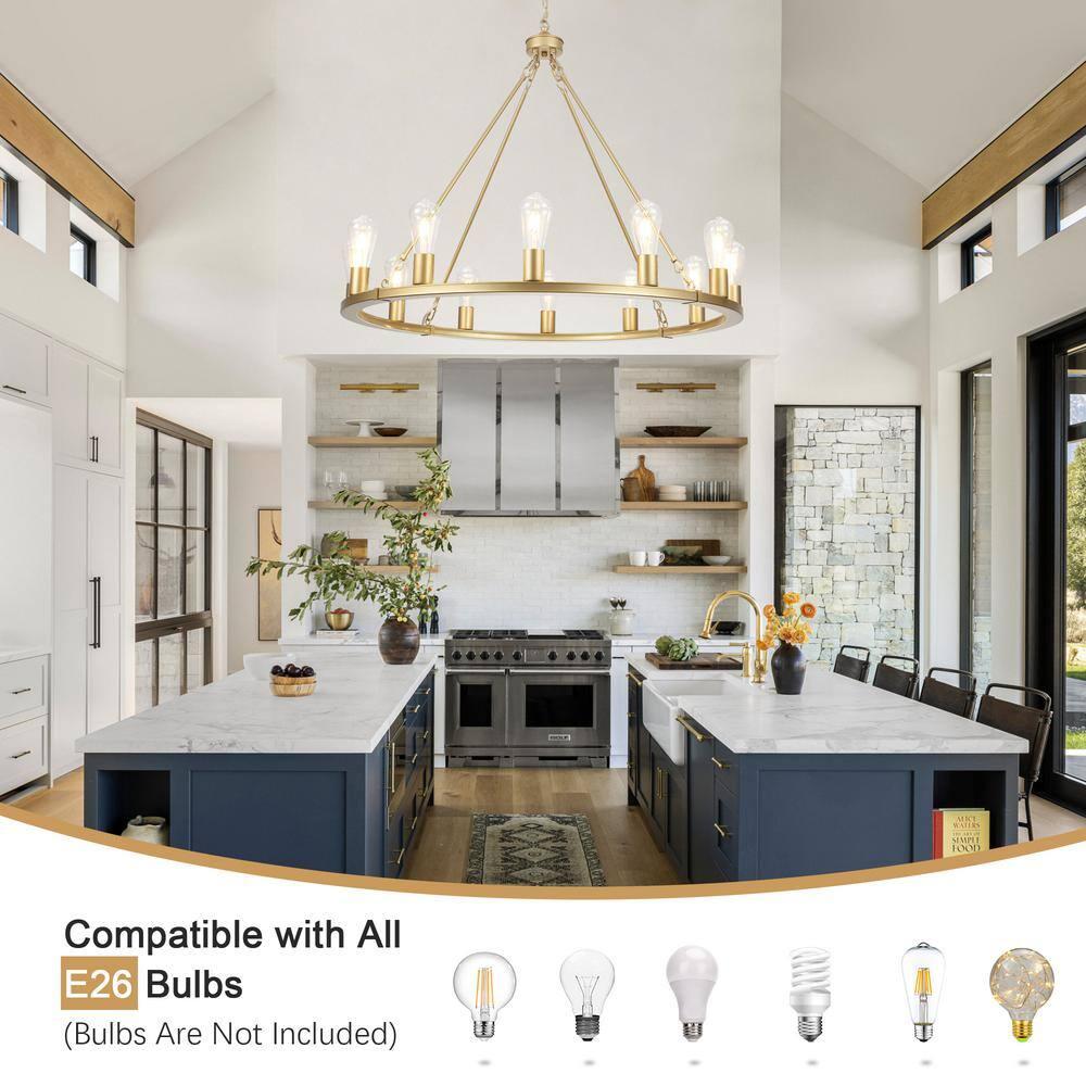 Mercer41 12 - Light Dimmable Wagon Wheel Chandelier With Clear Lampshade