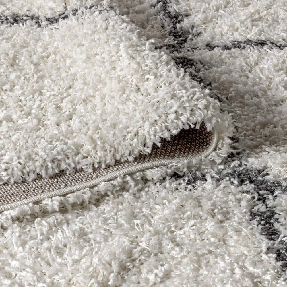 5'x8' Mercer Shag Plush Tassel Moroccan Geometric Trellis Area Rug, Cream/Grey - JONATHAN Y