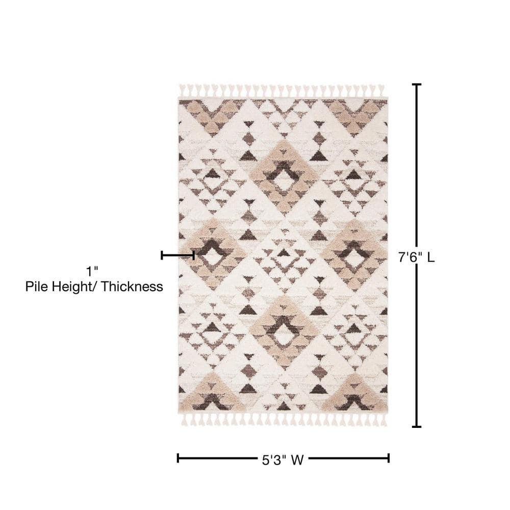SAFAVIEH Moroccan Tassel Shag Larry Moroccan Geometric Area Rug, Ivory/Brown, 5'3" x 7'6"