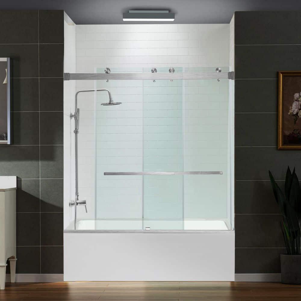 WoodBridge Frameless Single Sliding Shower Doors, 56-60" W X 62" H With 5/16" Clear Tempered Glass And Explosion-Proof Film MSDF6062-B
