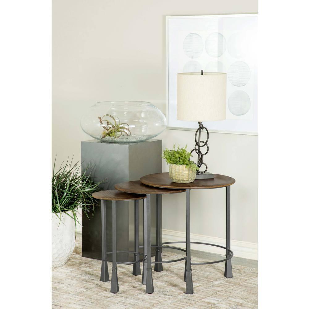 Coaster Deja 3-Piece Round Wood Top Nesting Table in Gunmetal/Natural