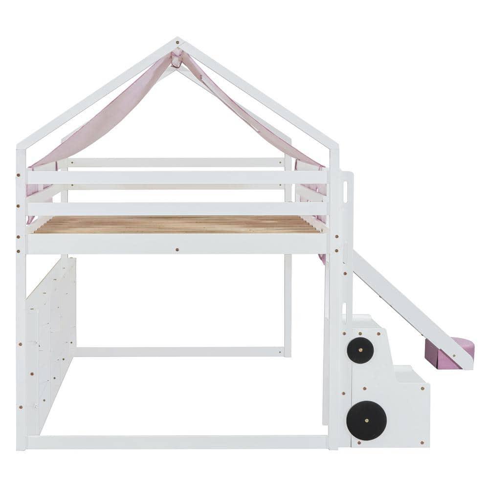 Kumix Full Size Loft Bed with Slide and Tent, House Loft Bed with Car-Shaped Storage and 2 Tier Shelves, Wood Loft Bed with Safety Guardrail & Ladder for Kids Teens Boys Girls, Noise-Free, Pink