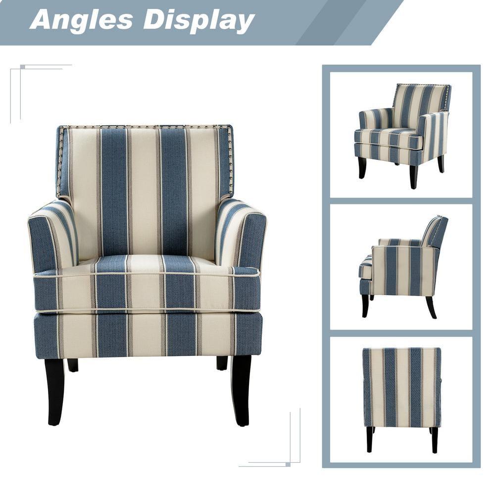 Upholstery Accent Chair Armchair Sofa Couch Lounge Seat Wood Black Legs Nailhead Trim Home Living Room Bedroom Stripe Blue
