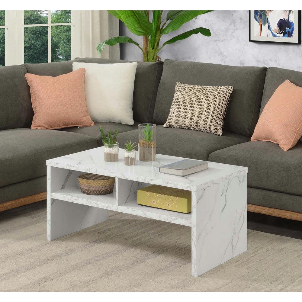 Modern Rectangular Wood & White Marble Coffee Table with Shelves
