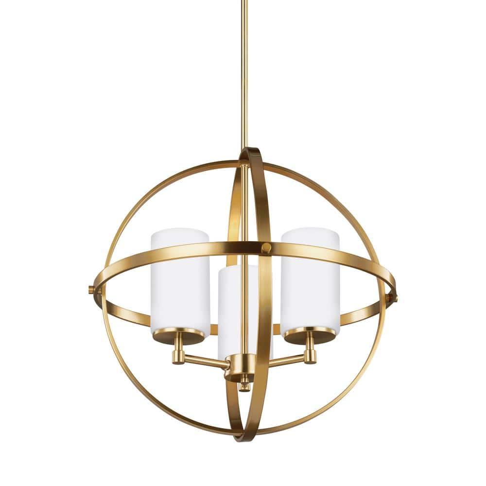 Satin Bronze Mini Cage Chandelier with Etched Glass Shades