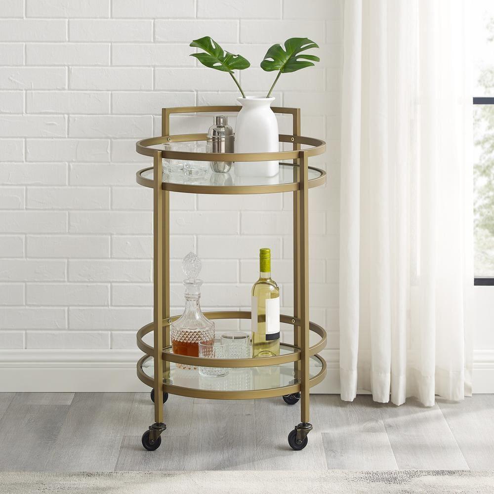 Bailey Round Bar Cart Gold - Crosley: Mobile Beverage & Drink Station, Tempered Glass Shelves, Steel Frame
