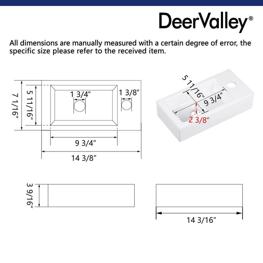 DeerValley DV-1V081R White Ceramic Rectangular 7'' Wall Mount Bathroom Sink