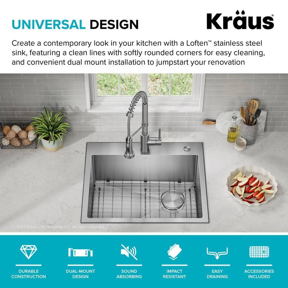 Kraus KHT411-25 Standart Pro Drop-in Topmount 16 Gauge Single Bowl 2-Hole Stainless Steel Set (5 Item Bundle: Sink, Bottom Grid, Assembly, Drain Cap, Kitchen Towel), 25 Inch, Tight Radius