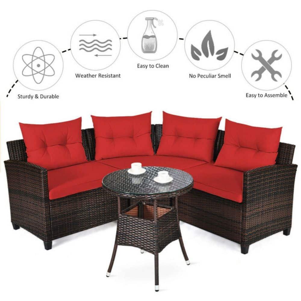 Costway 4PCS Outdoor Patio Rattan Furniture Set Cushioned Sofa Table Red