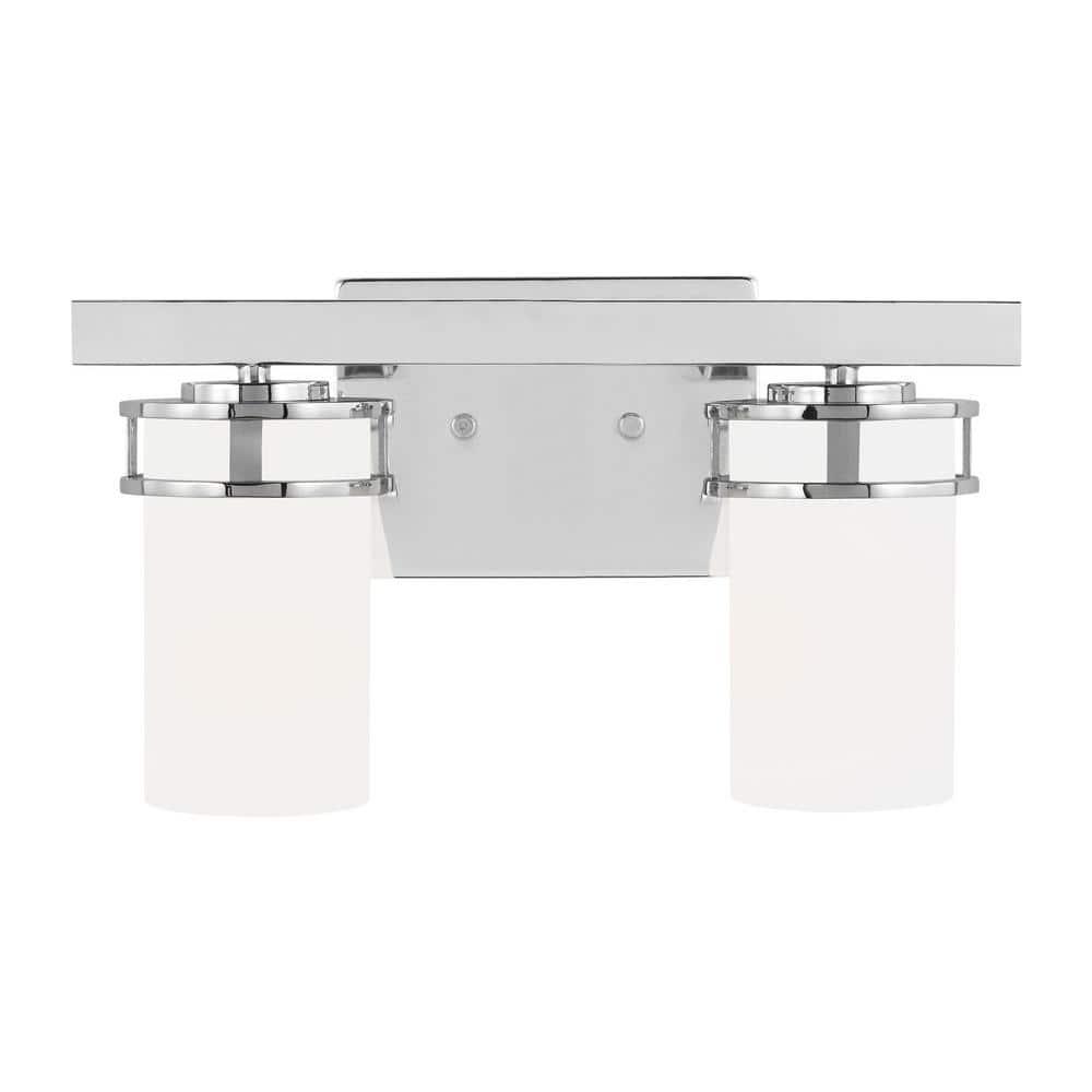 Robie 14 in. 2-Light Chrome Transitional Rustic Wall Bathroom Vanity Light with Etched White Glass Shades