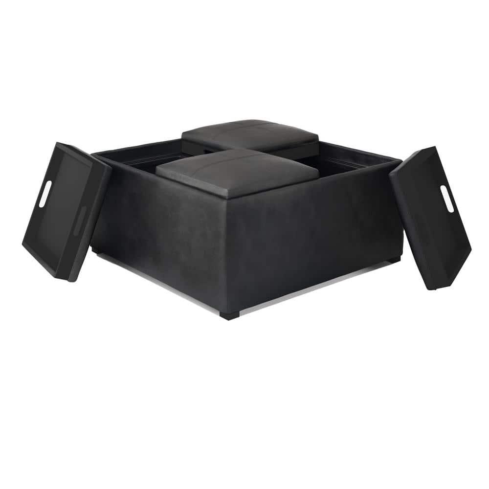 Simpli Home Avalon 35"W Upholstered Square Coffee Table Storage Ottoman with Flip-Over Trays