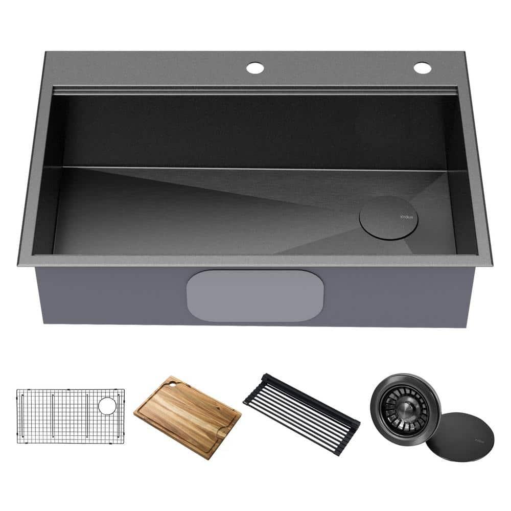 KRAUS Kore™ Workstation 33" L Top Mount Drop-In 16 Gauge Black Stainless Steel Single Bowl Kitchen Sink