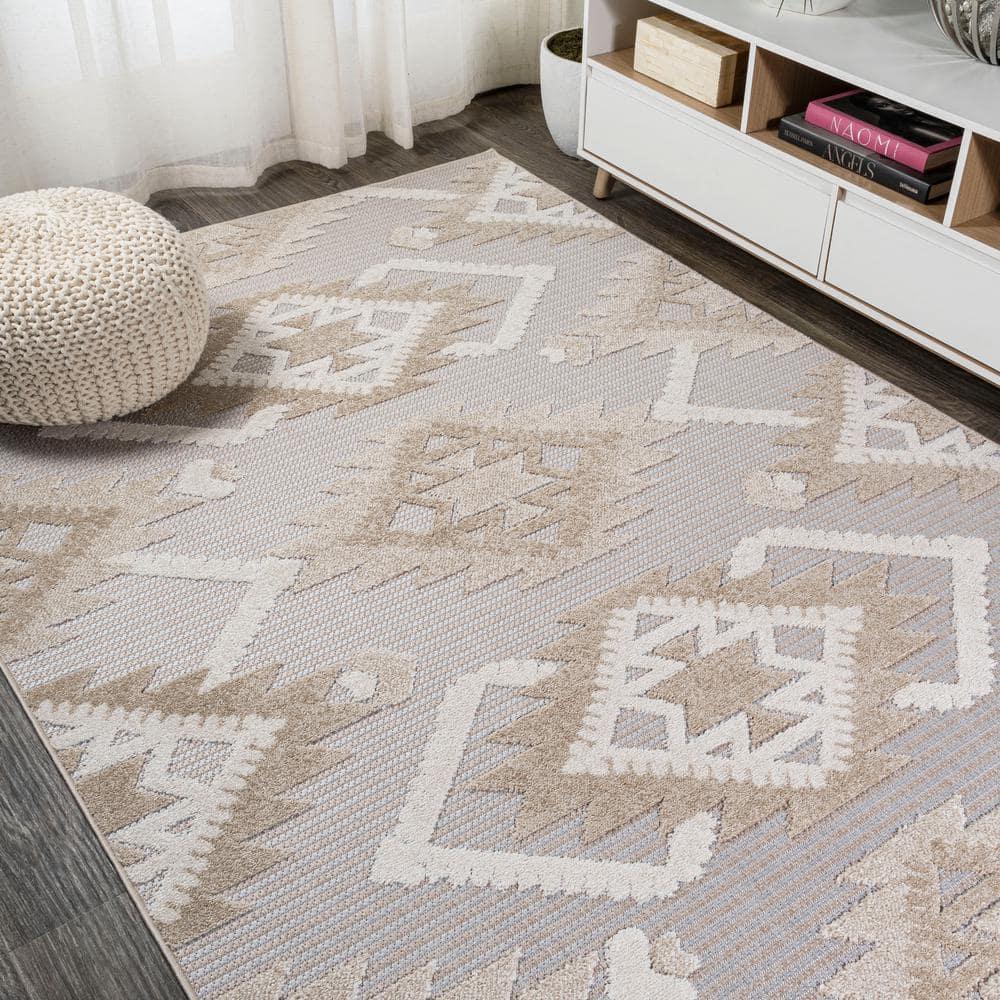 3'x5' Sumak High-Low Pile Neutral Diamond Kilim Indoor/Outdoor Area Rug, Beige/Gray - JONATHAN Y