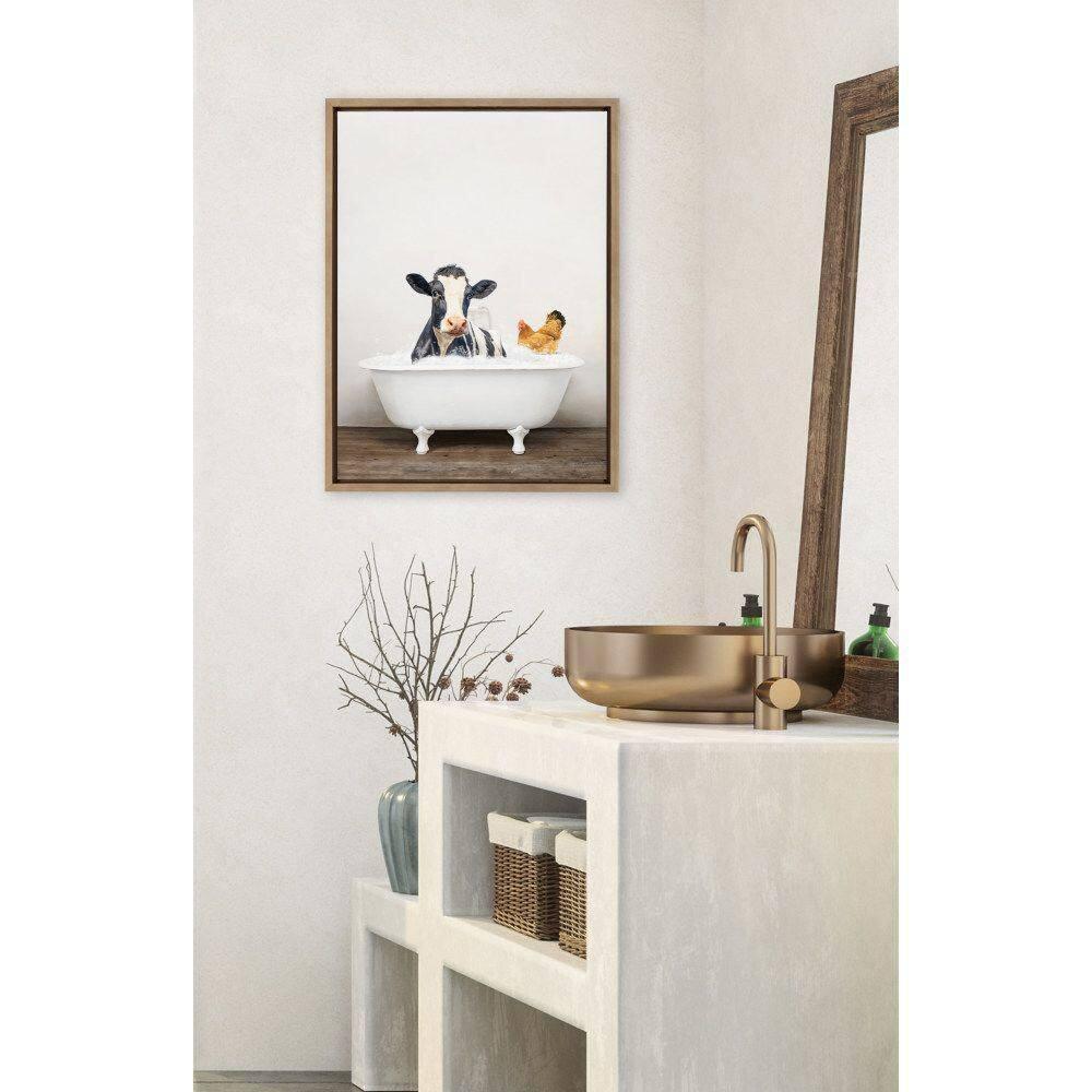 Kate & Laurel All Things Decor 18"x24" Sylvie Cow and Chicken in Rustic Bath Frame Canvas by Amy Peterson: Whimsical Wall Art