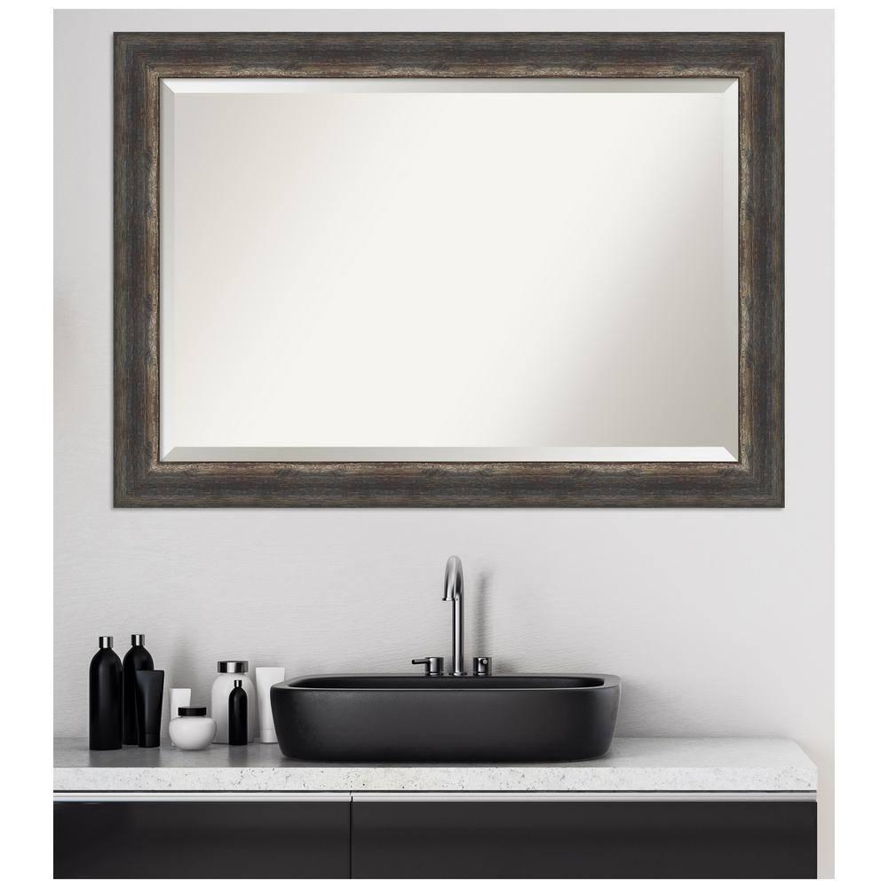 Amanti Art Beveled Bathroom Wall Mirror - Bark Rustic Char Frame Bark Rustic Char Outer Size: 41 x 29 in Silver, Brown, Black