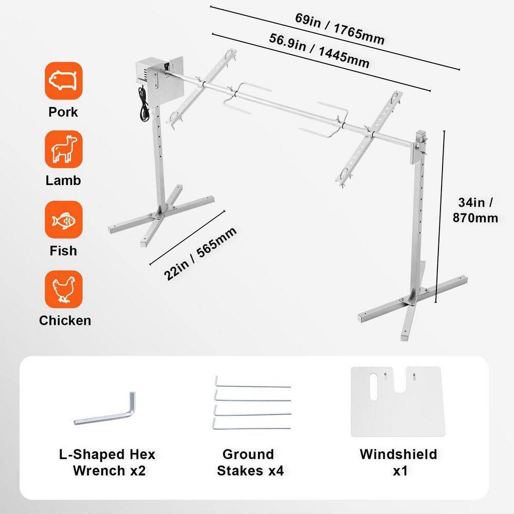 Electric BBQ Rotisserie Grill Kit, 132 lbs. Capacity, 56 in., 52W Motor, Stainless Steel, Spit Rod for Pig, Lamb