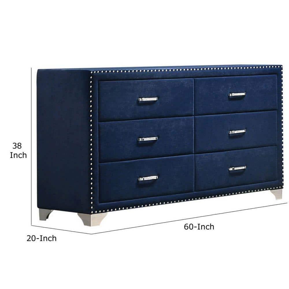 BenJara BM280482 60 in. Cale Modern Glam Velvet & Wood Dresser with 6 Drawer, Blue