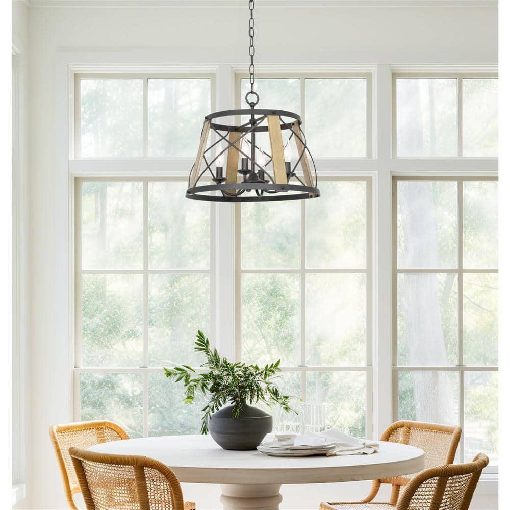Kira Home Napa 18" Farmhouse Round Pendant Chandelier, Open Cage Design, Smoked Birch Wood, Perfect for Dining Rooms