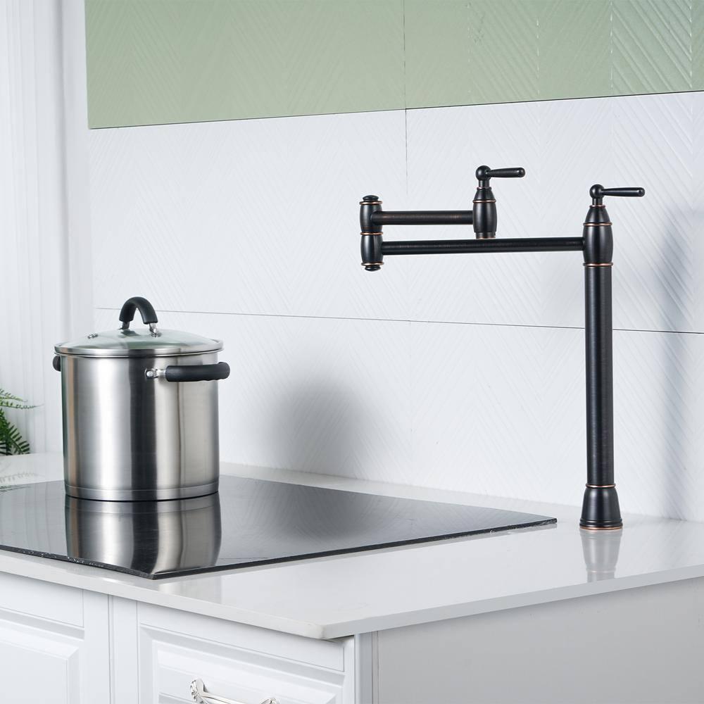 Pot Filler Deck Mount, WOWOW Pot Filler Faucet Oil Rubbed Bronze Kitchen Folding Countertop Faucet 2 Handle with Stretchable Double Joint Swing Arms Brass Stove Faucet