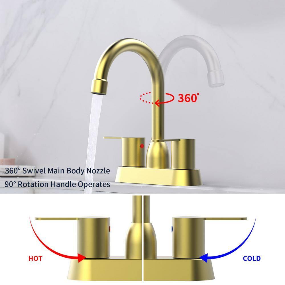Brushed Gold Bathroom Faucet - 2 Handle, 360 Degree Swivel Spout, Centerset, 4 Inch Vanity, RV & Lavatory Use