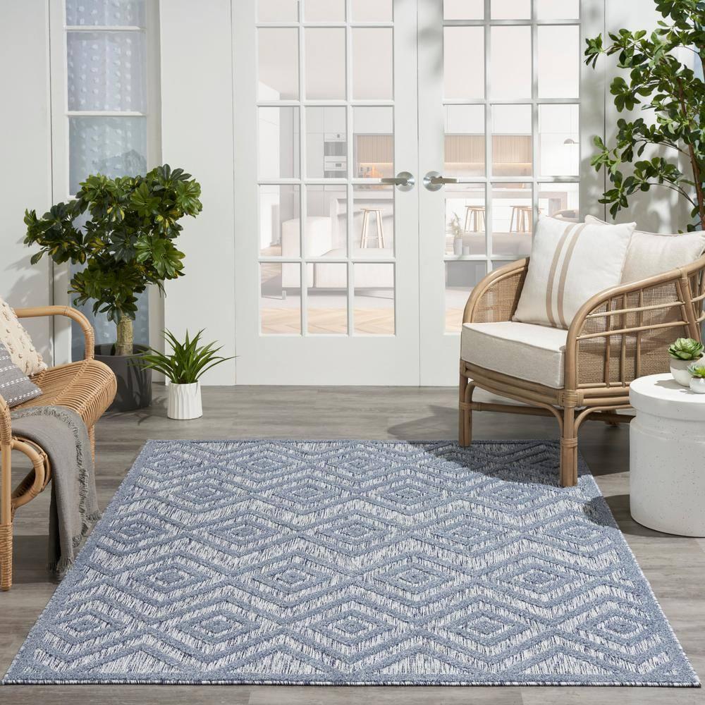 Nourison Versatile Diamond Geometric Flatweave Indoor Outdoor Area Rug Denim Blue 6' x 9'