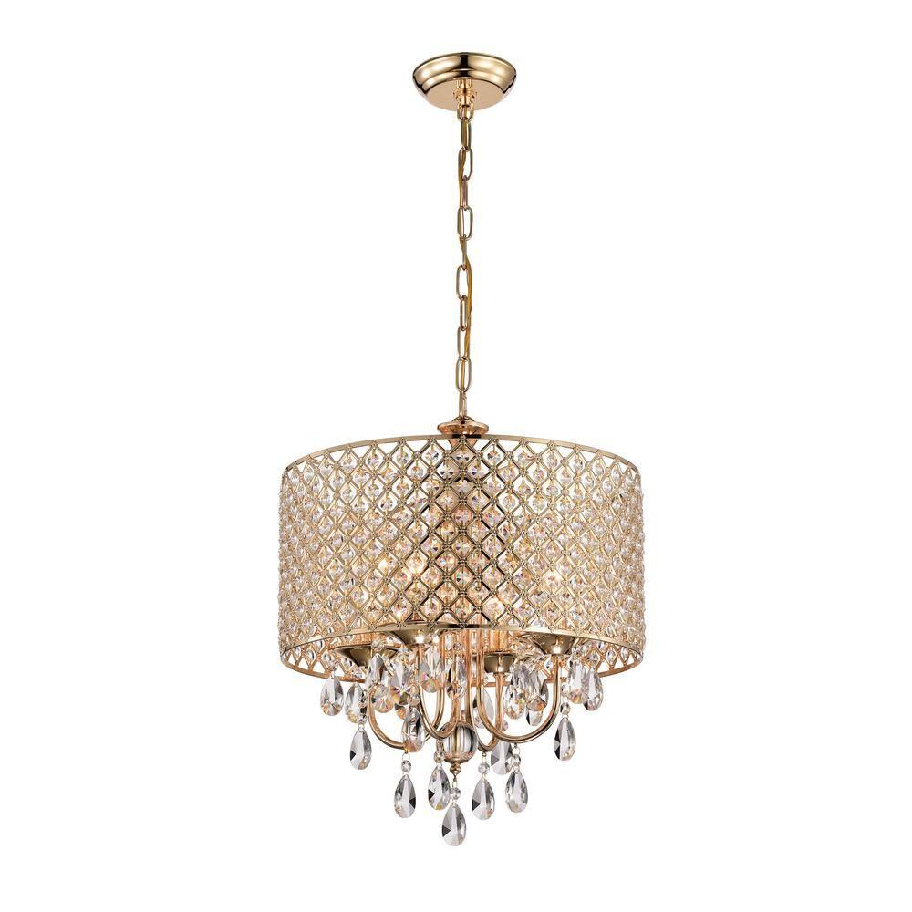 EDVIVI LIGHTING Round Beaded Drum Chandelier with Hanging Crystals Gold 4 17" Gold