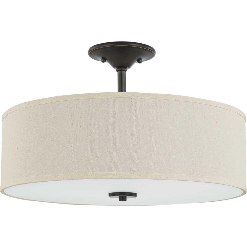 Progress Lighting, Inspire Collection, 3-Light Semi-Flush Mount, Antique Bronze, Off-White Linen Shade