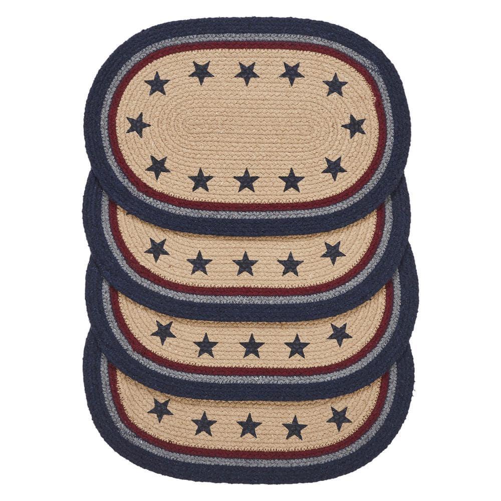 VHC Brands Braided Cotton Placemat 10x15 Set of 4, Cotton Dining Room, Kitchen Placemat, Dining Table Placemats, Woven Place Mat, Stenciled, My Country Collection, Oval 10x15, Stars, Navy
