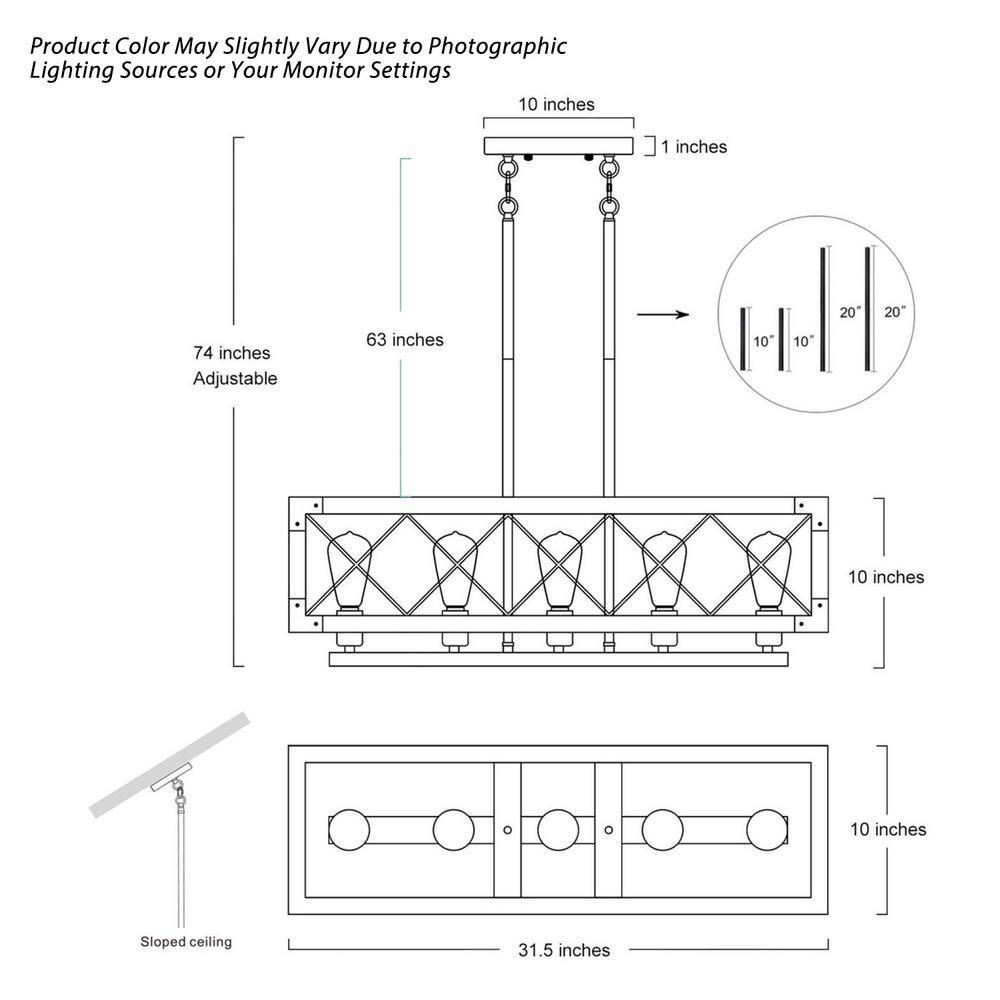 Farmhouse 5-Light Wood and Black Metal Chandelier, Rectangular Kitchen Island Light Fixture