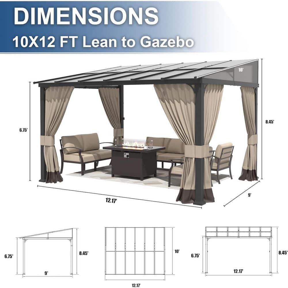 10 ft. x 12 ft. Brown Hardtop Wall Mounted Gazebo with Sloping Pitched Roof and Curtain Sand