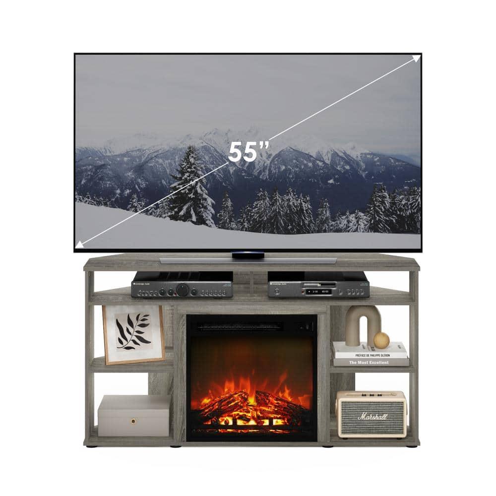 Furinno Jensen Corner TV Stand with Fireplace for TV up to 55 Inches, French Oak Grey