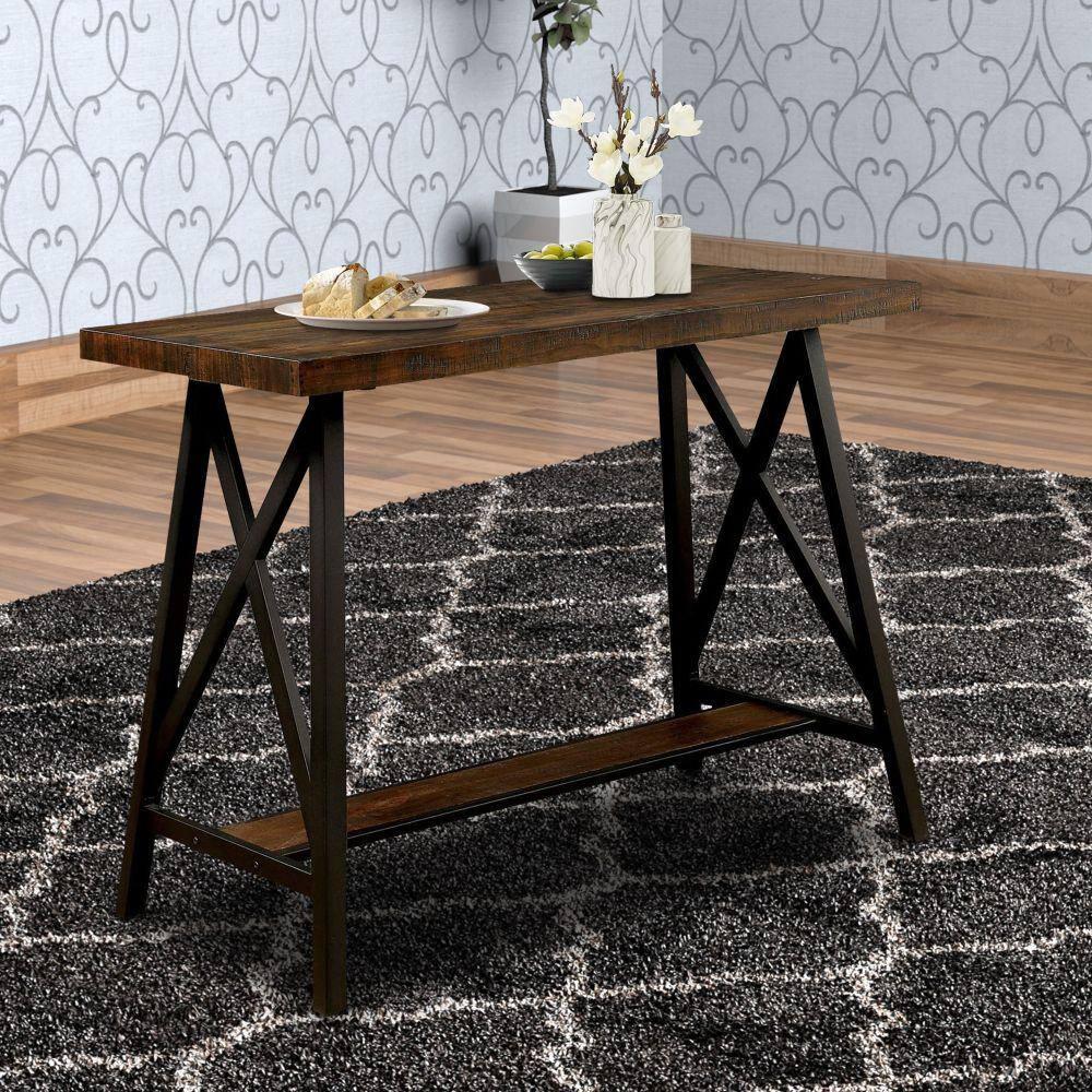 Benzara Wooden Counter Height Table With Angled Metal Legs, Black And Brown