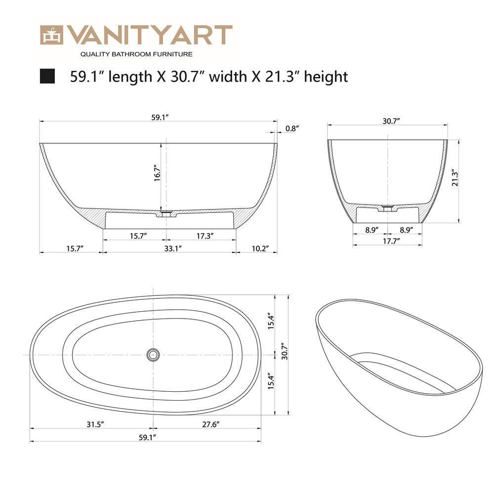 Vanity Art 59" x 31" Freestanding Soaking Stone Resin Bathtub with Polished Chrome Pop Up Drain VA6913-PCS