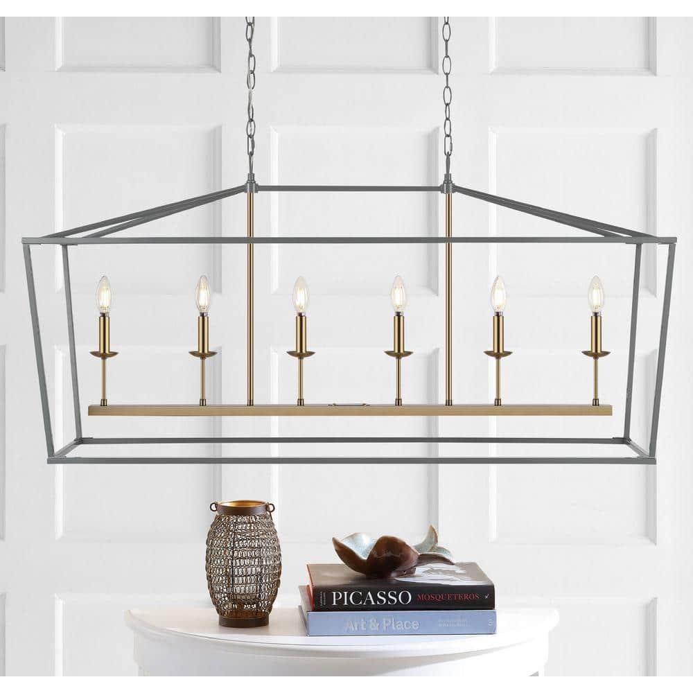 Pagoda 49" Linear 6-Bulb Classic Traditional Metal LED Pendant, Gray/Brass Gold