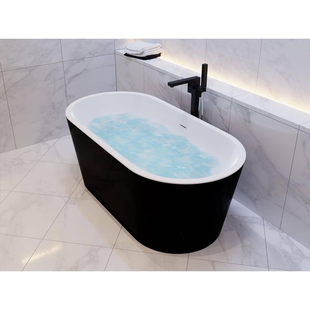 ANZZI Chand Series 55 Inch Acrylic Freestanding Pre-Plumbed Solid Deep Soaker Stand Alone Bathtub With Built-In Overflow And Drain In Black/White