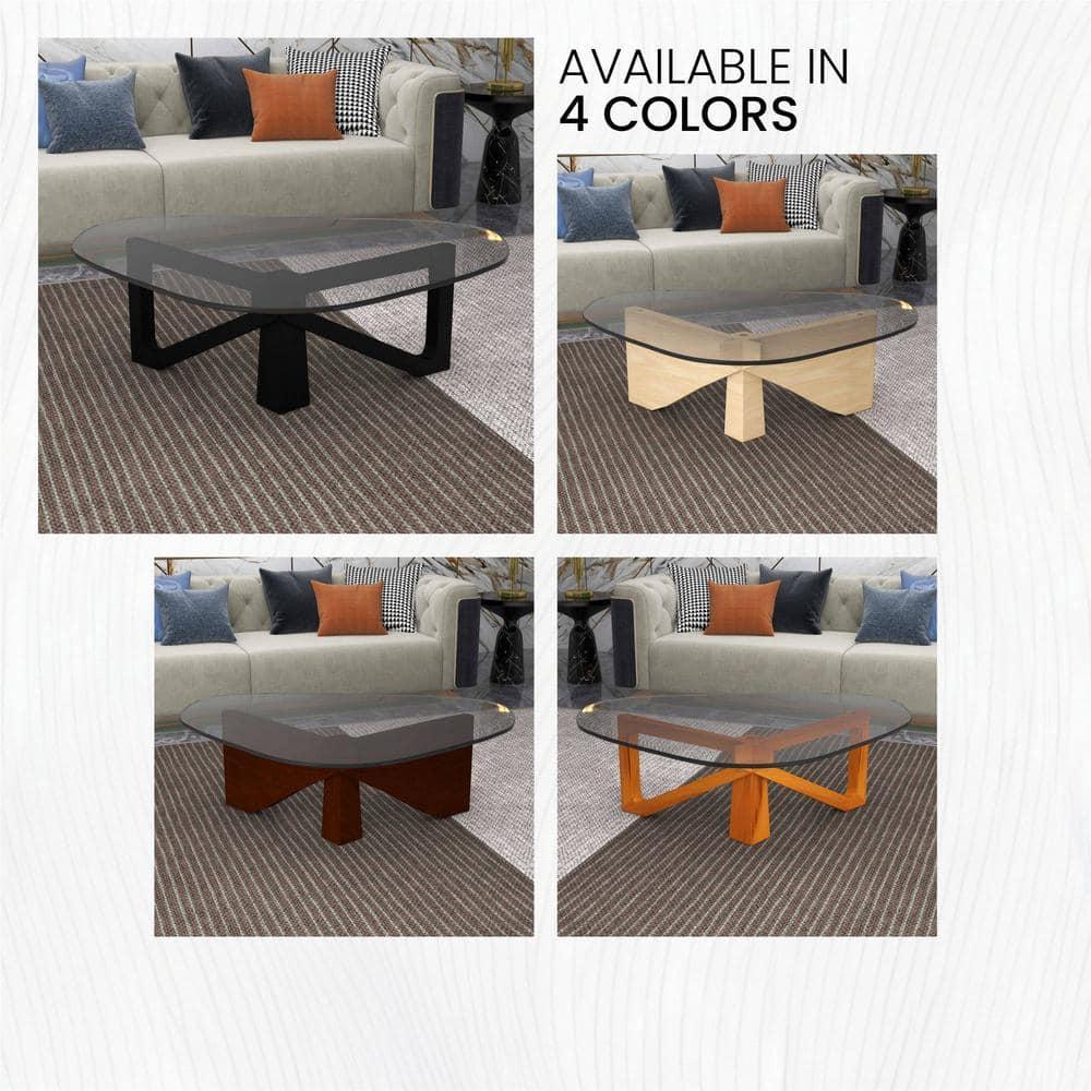 LeisureMod Imperial Collection Triangular Glass Top Coffee Table with Glossy Ash Wood Base for Home, Living Room, Office